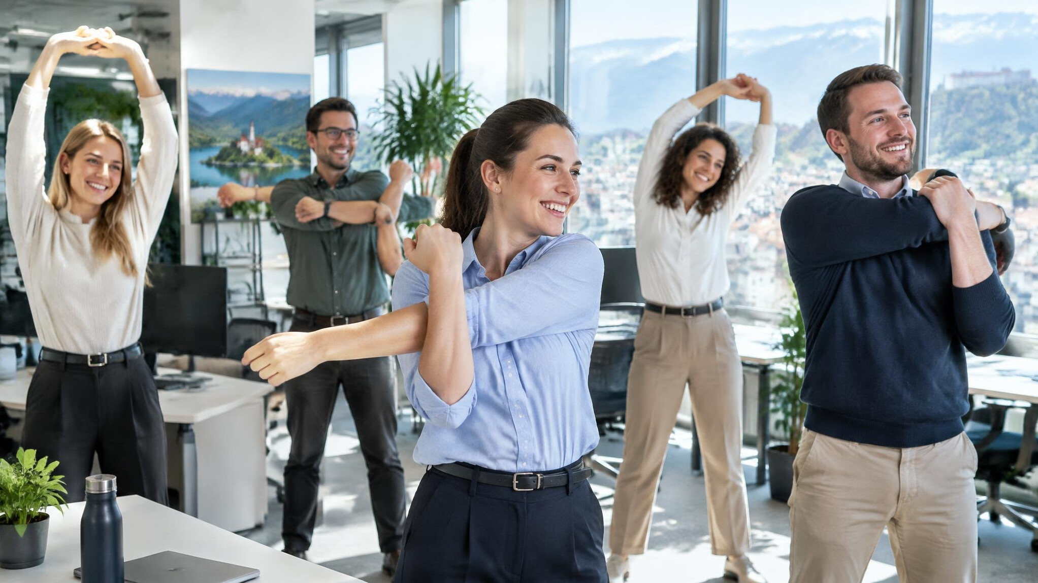 Group of office colleagues stretching together during a workplace wellness break