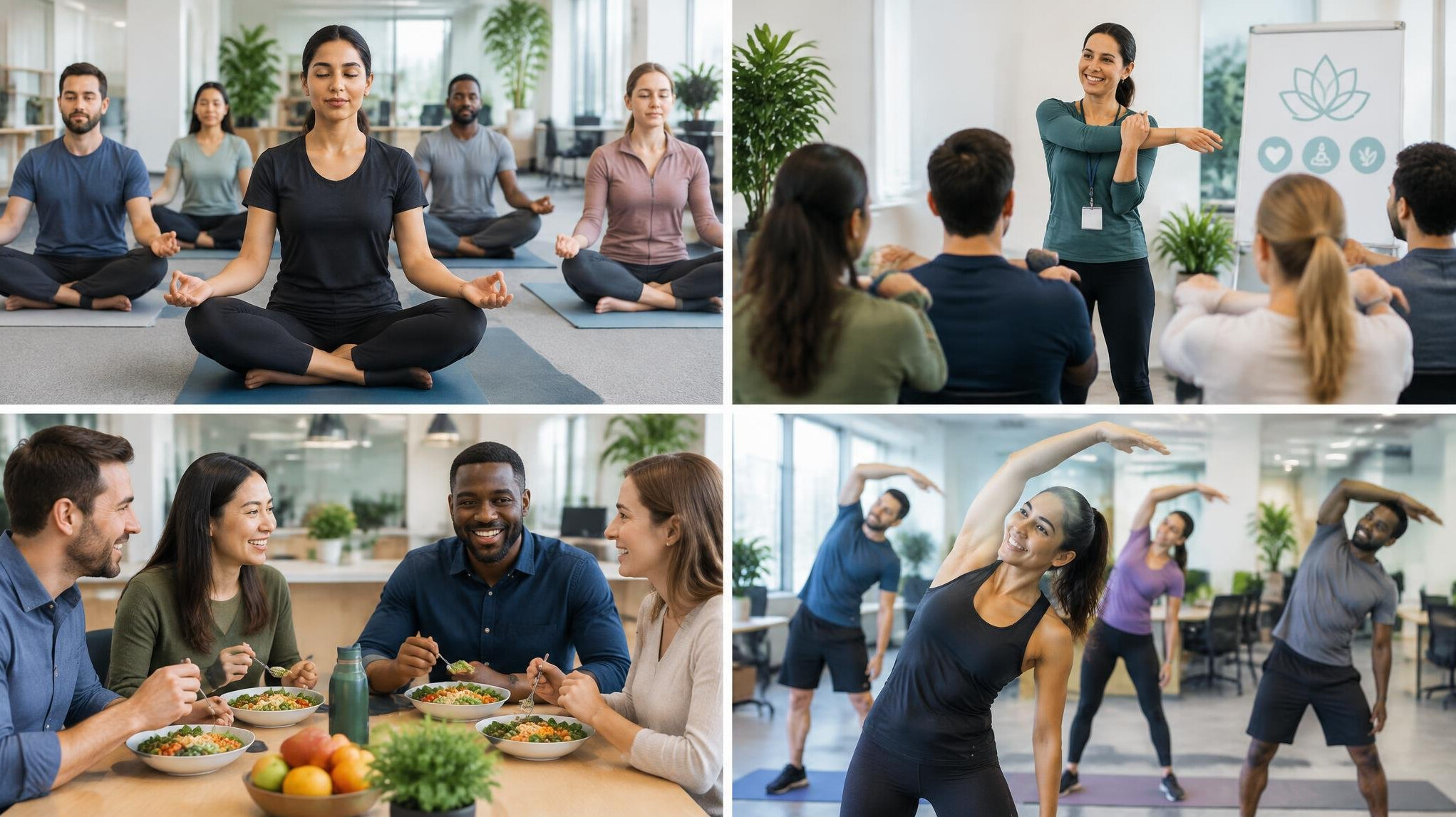 employees doing yoga in office