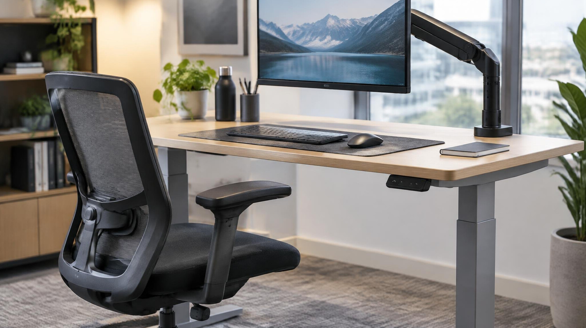Employee working at an ergonomic standing desk in a modern office